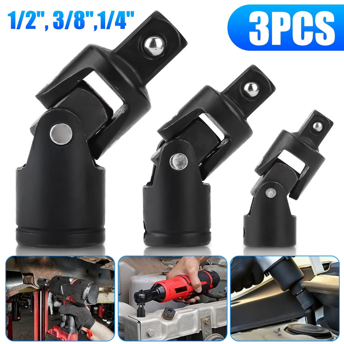 3Pack 1/4" 3/8" 1/2" Drive Swivel Impact Universal Joint Socket Set Adapter Tool