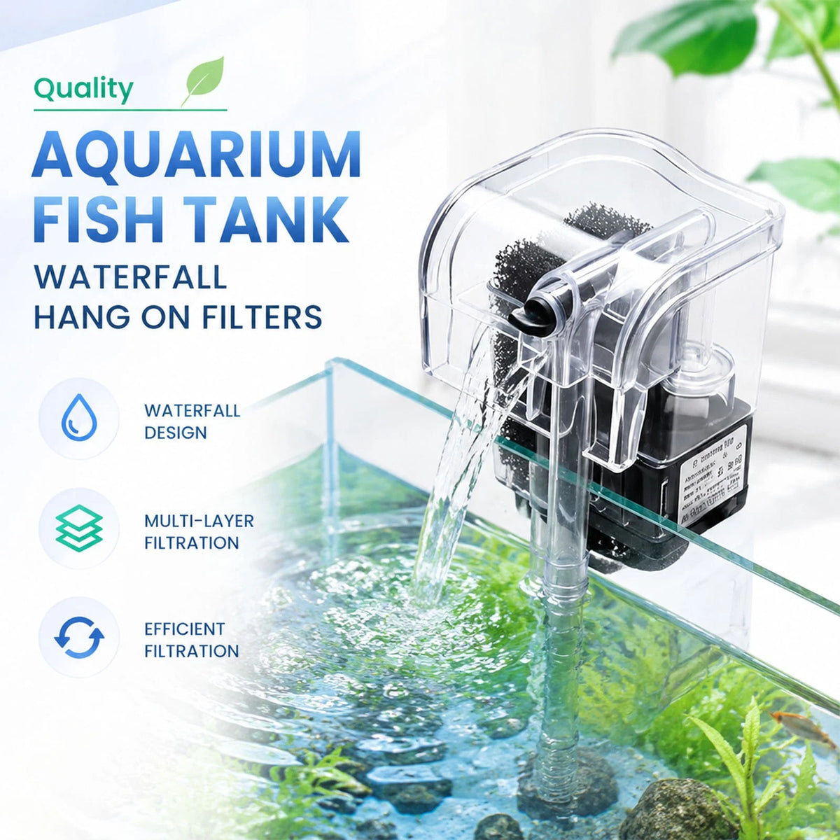 Quiet Energy Efficient Aquarium Waterfall Hang On Filter 250L/H 3W Cascade ABS
