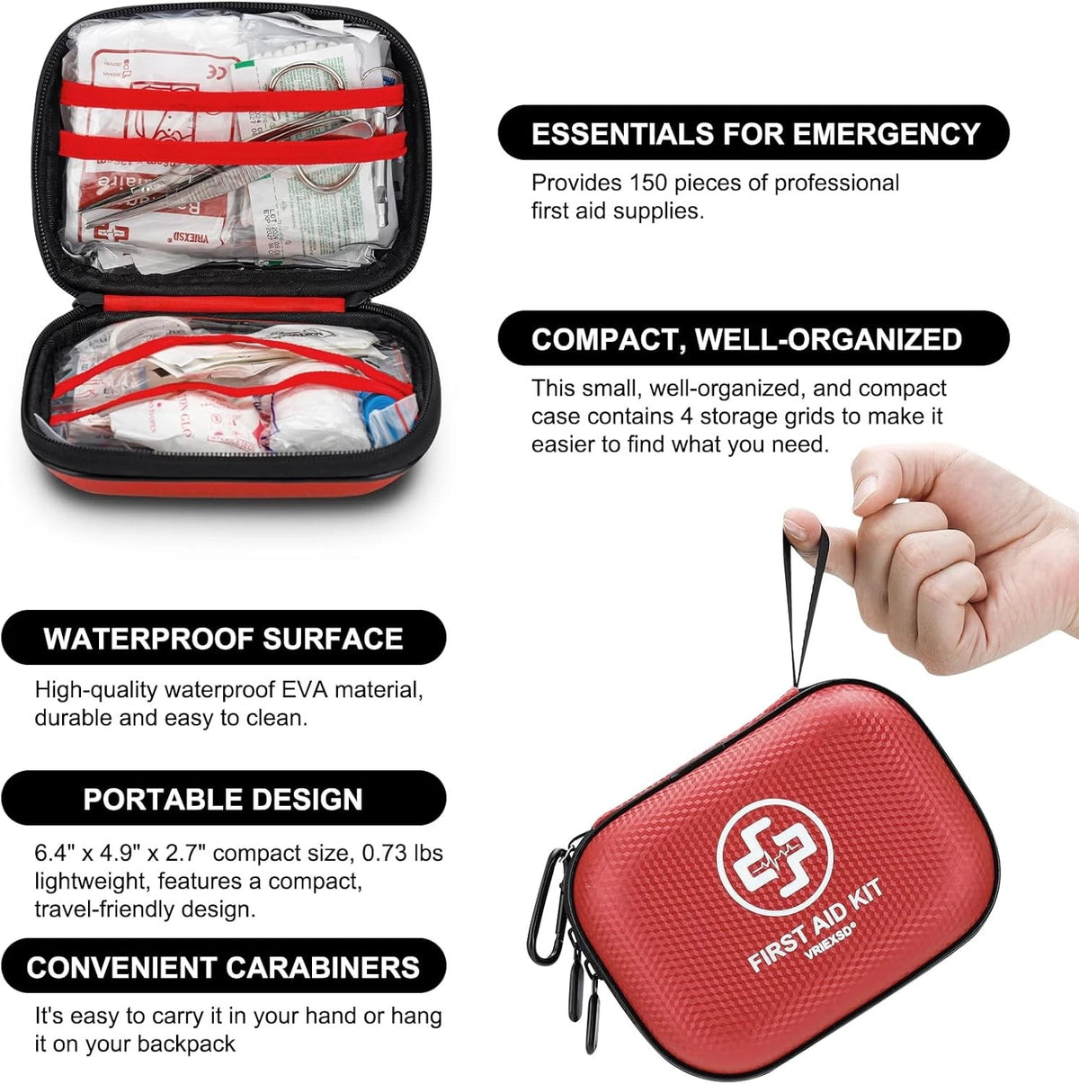 Mini First Aid Kit - 150 Piece Small Waterproof Hard Shell Medical Red