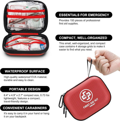 Mini First Aid Kit - 150 Piece Small Waterproof Hard Shell Medical Red