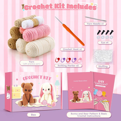 Crochet Kit for Beginners, Bunny and Bear Pink Rabbit Brown