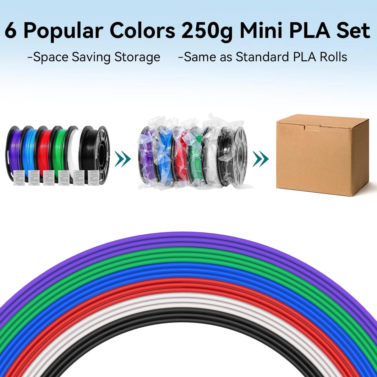 Dynta 3D Printer 1.75 millimeters, 250gx6-black+white+red+green+blue+purple