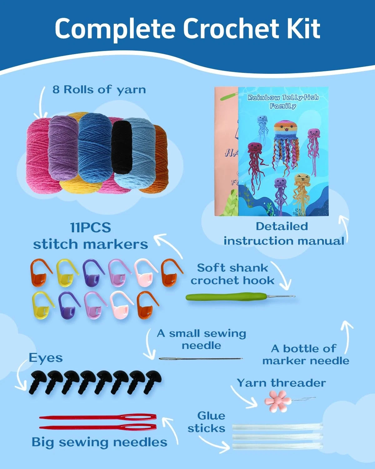 Fortilo Crochet Kit Small (approx. 5 x 7 x 2 inches each), Jellyfish Family