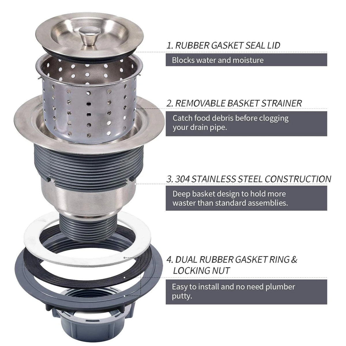 3-1/2 Inch Sink Drain Assembly Kit, Removable Deep Strainer Silver