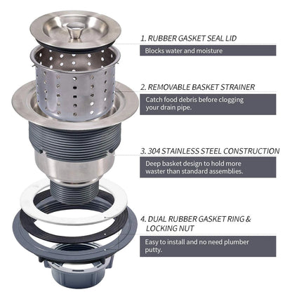 3-1/2 Inch Sink Drain Assembly Kit, Removable Deep Strainer Silver