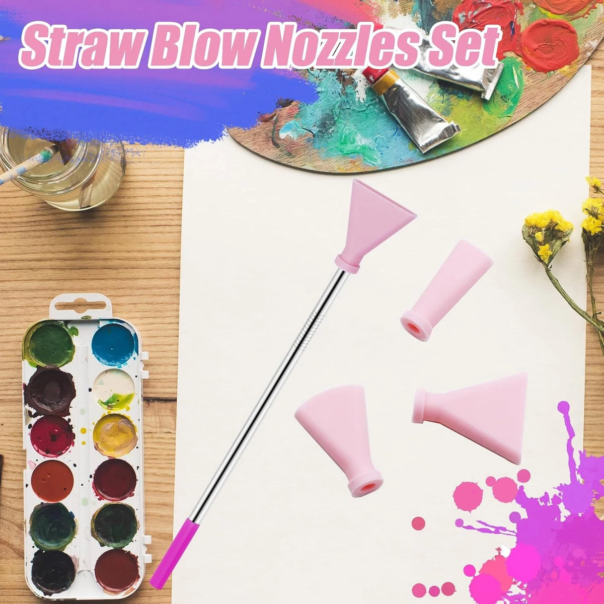 4PCS Stainless Steel Straw Blow Nozzles Set for Acrylic Paint Pouring Pink