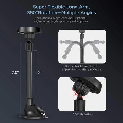 IPOW Long Arm 7.6" Magnetic, Black Magnetic Phone Mount