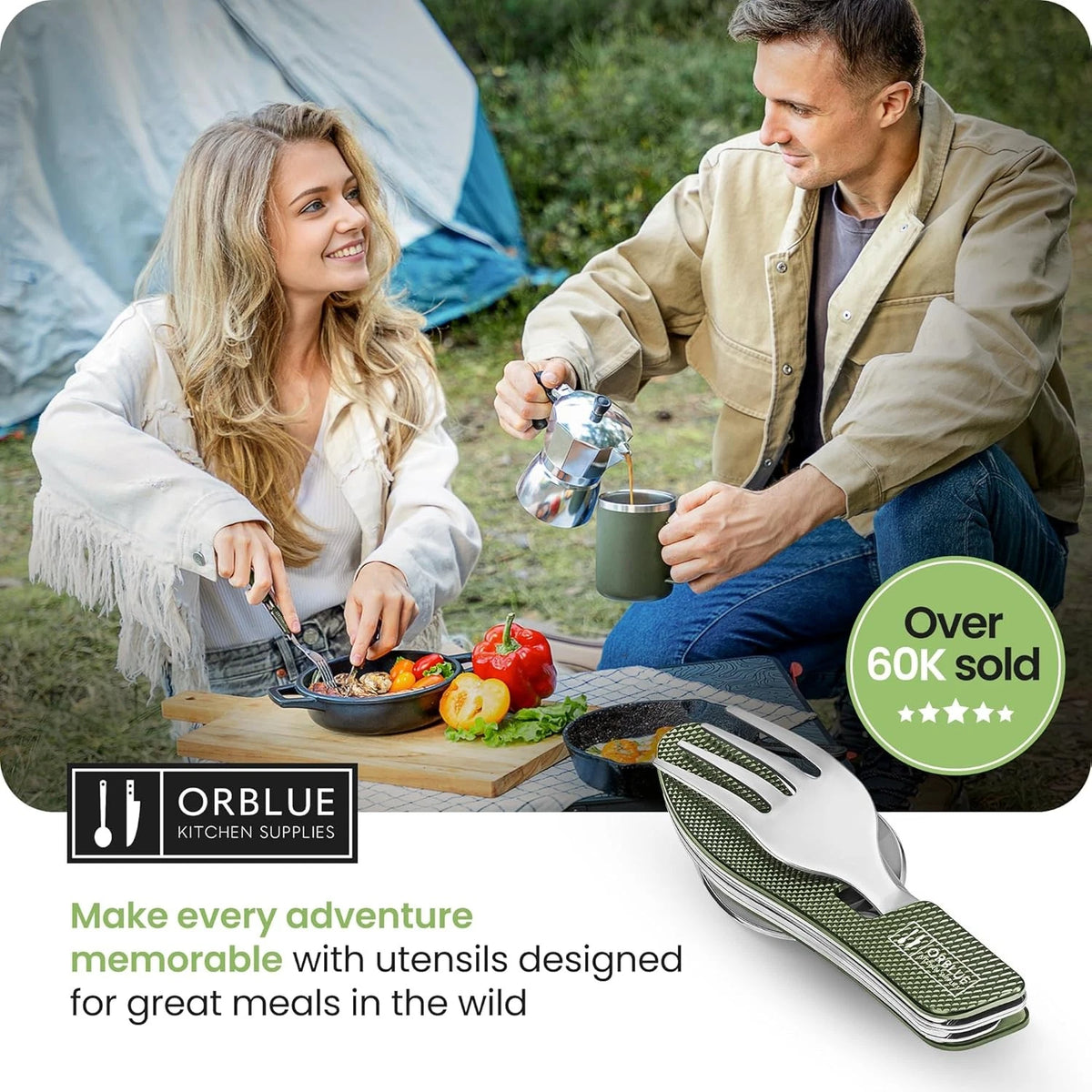 Orblue 4-in-1 Camping Eating Utensils, 2-Pack - Portable 2-PACK Olive Green