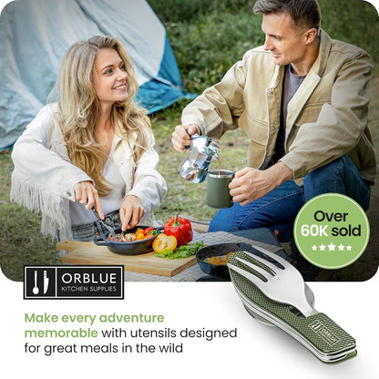 Orblue 4-in-1 Camping Eating Utensils, 2-Pack - Portable 2-PACK Olive Green