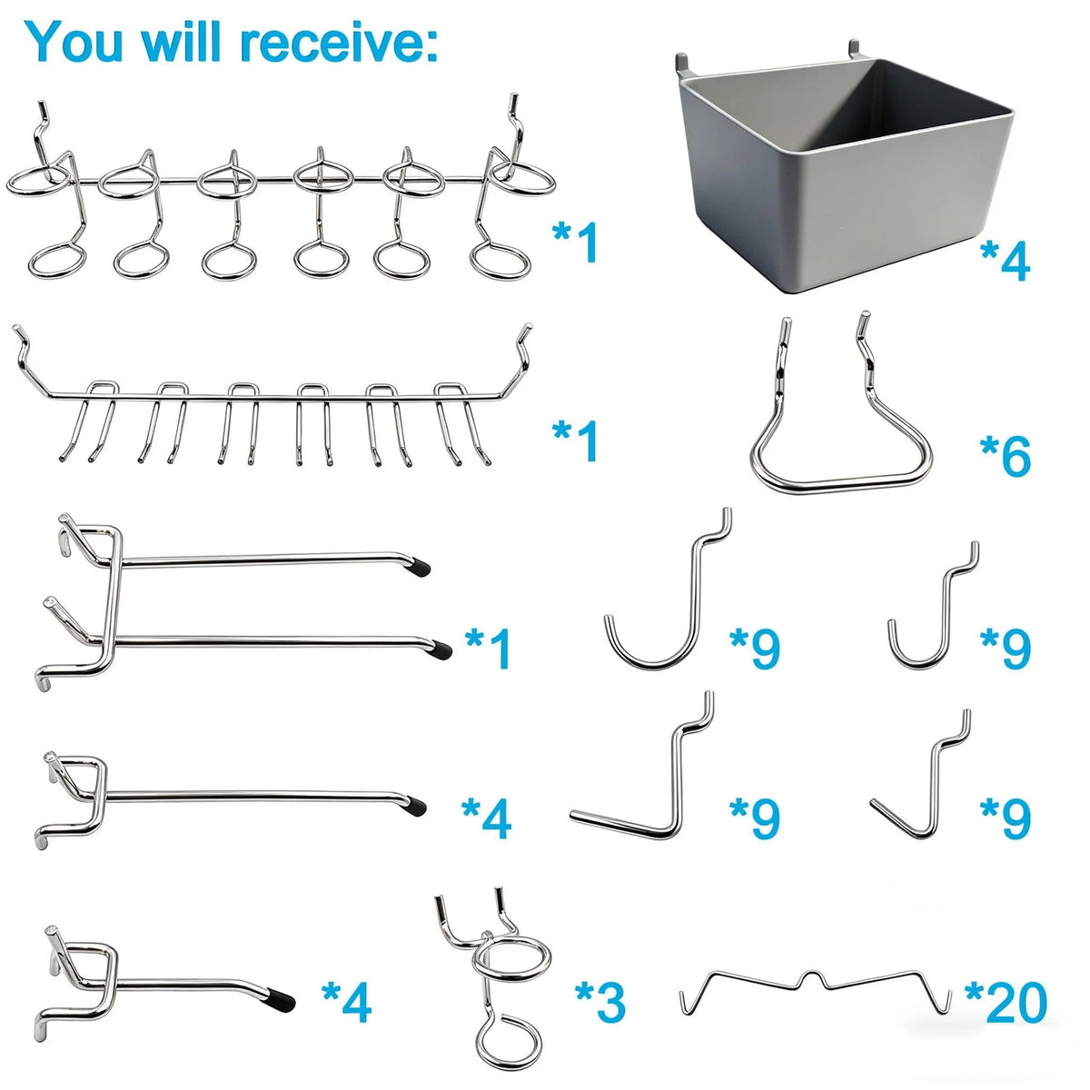 FRIMOONY Pegboard Hooks Assortment with Bins, Peg Locks, for Silver