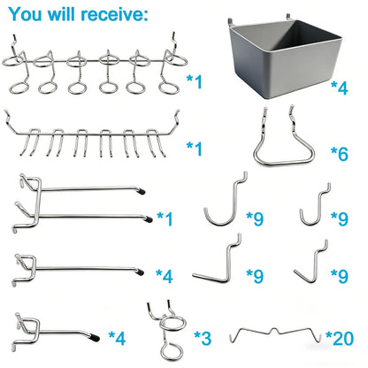 FRIMOONY Pegboard Hooks Assortment with Bins, Peg Locks, for Silver