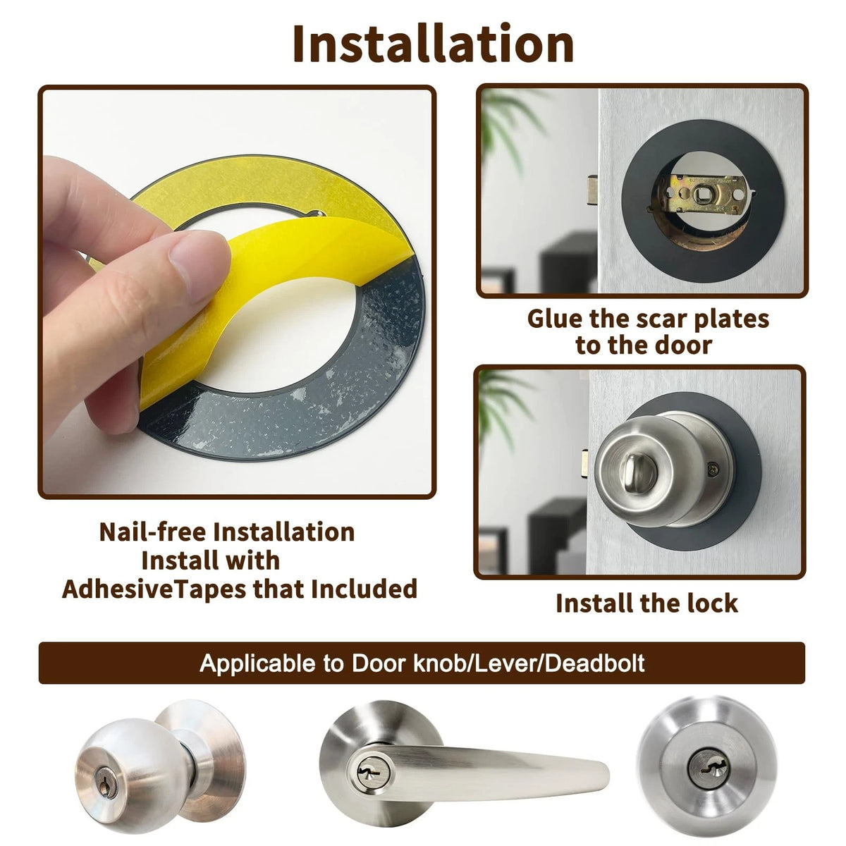 4 Pcs Door Knob/Deadbolt Reinforcement Plate, 2-1/8" Inner Diameter, Black-4
