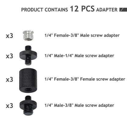 12 Pcs 1/4" & 3/8" Camera Screw Adapter Set - DSLR, 1/4'' or 3/8'', 12