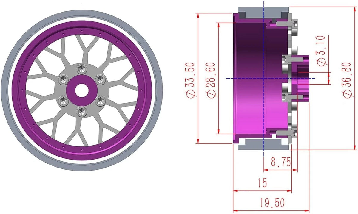 4PCS Grade 5 Titanium Wheel Face Aluminum 1.3 Inch Wheels Hubs for Purple