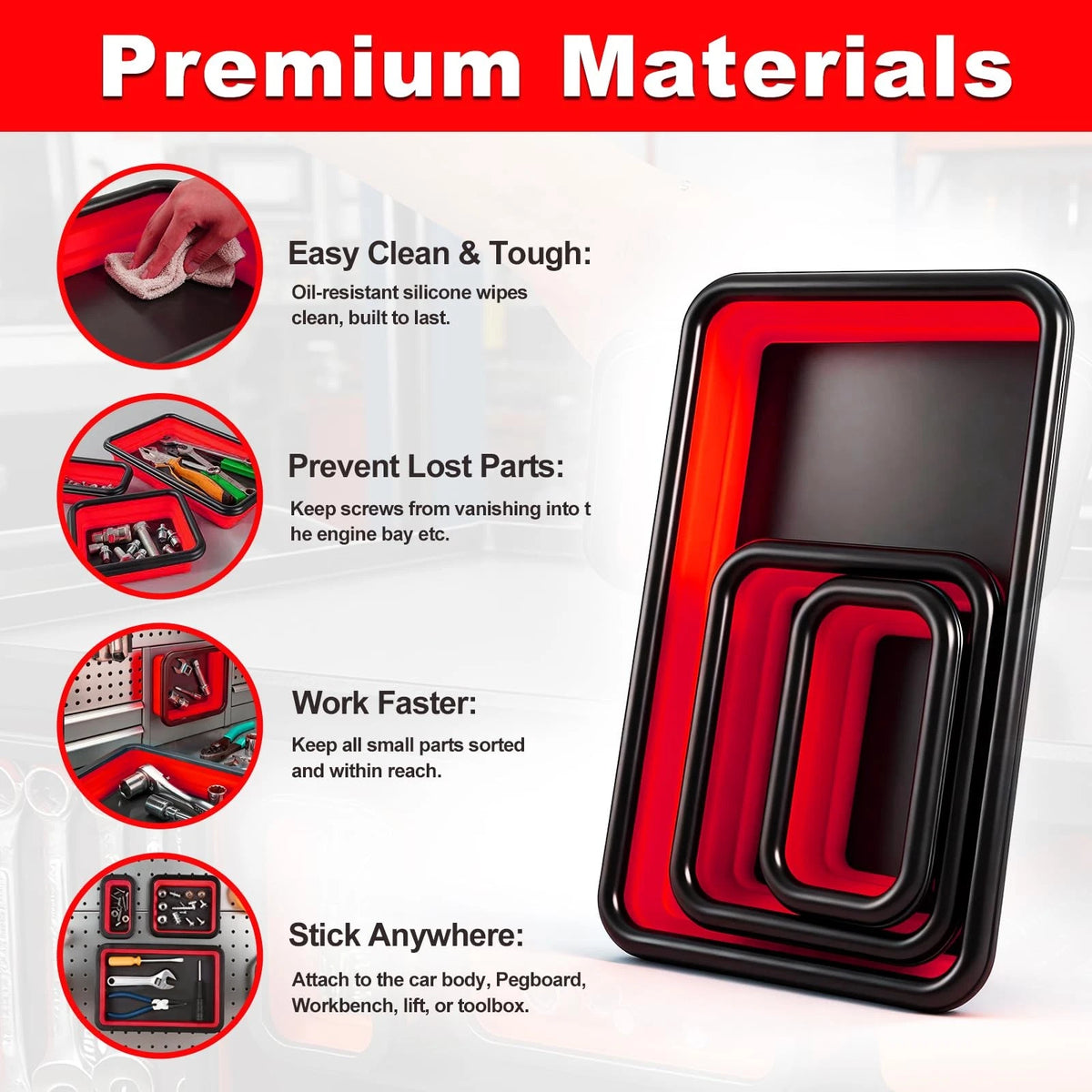 Collapsible Magnetic Parts Tray Set with Extra Strong Magnet Up to 18LB, Red