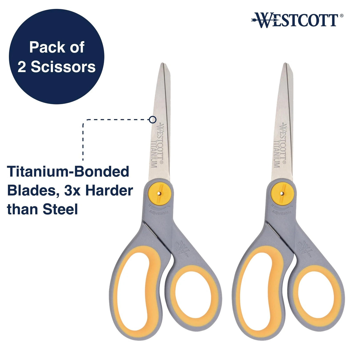 Westcott 8” Titanium Bonded Scissors with Adjustable 2-Pack, Gray/Yellow