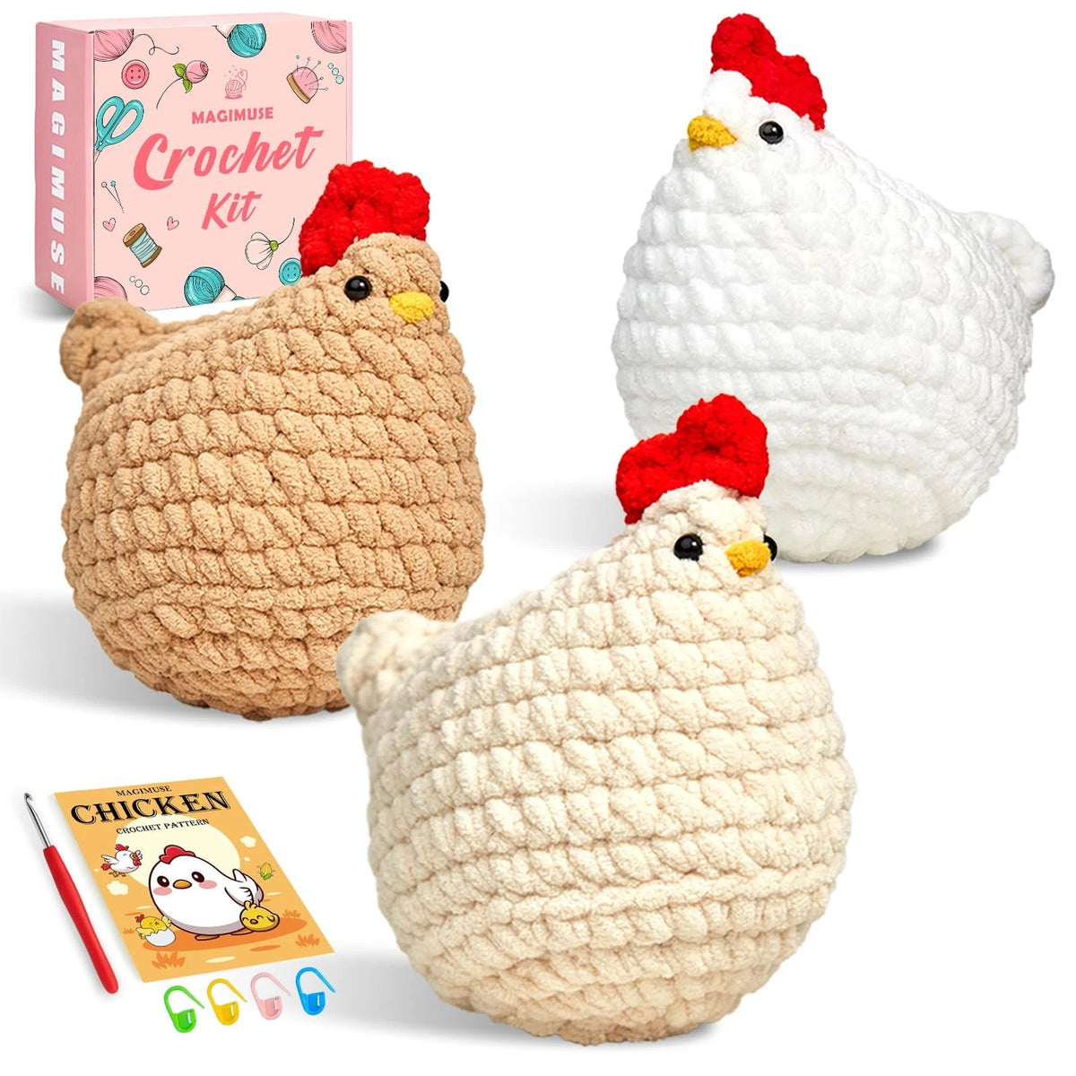 MAGIMUSE Crochet Kit for Beginners, 3 Pcs Chicken Small, 3