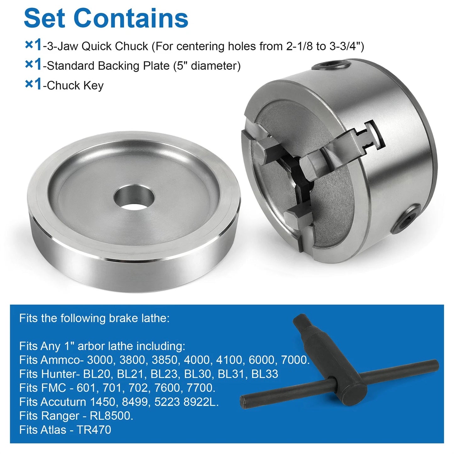 3 Piece Hubless Quick Chuck Adapter Set for 1" Arbor Brake Lathes 70040 Ammco