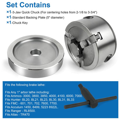 3 Piece Hubless Quick Chuck Adapter Set for 1" Arbor Brake Lathes 70040 Ammco