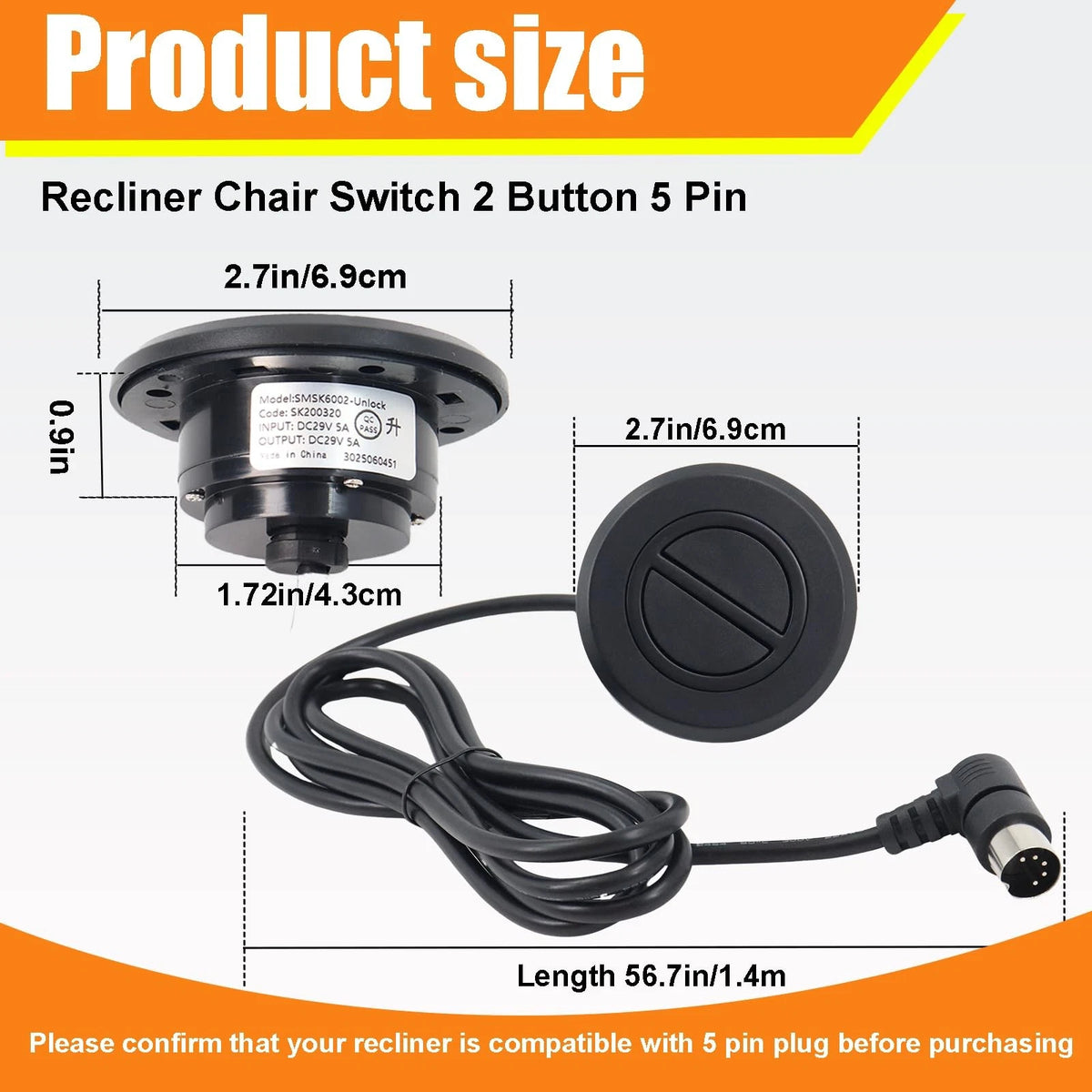 Swess Recliner Switching with 2 Button 5 Pin Plug for Electric Sofa 1, Black