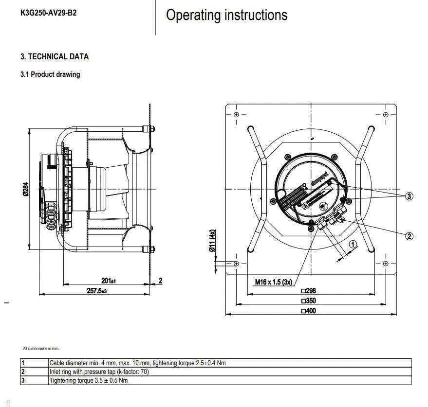 Ebmpapst K3G250-AV29-B2 Centrifugal Fan 230VAC 3450RPM 750W 3.3A EC Cooling Fan