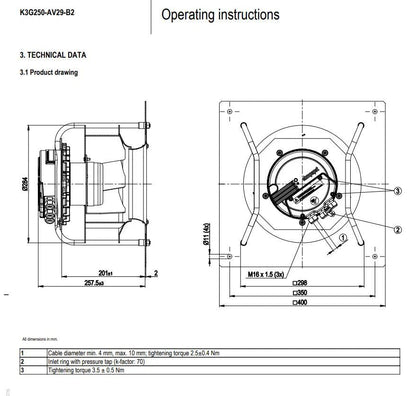 Ebmpapst K3G250-AV29-B2 Centrifugal Fan 230VAC 3450RPM 750W 3.3A EC Cooling Fan