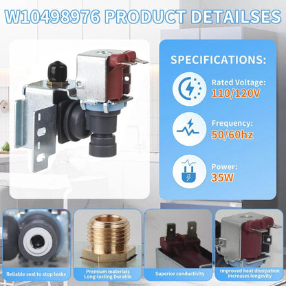 Replacement Water Valve W10498976 for Whirlpool Maytag Kenmore Fridge Ice Maker