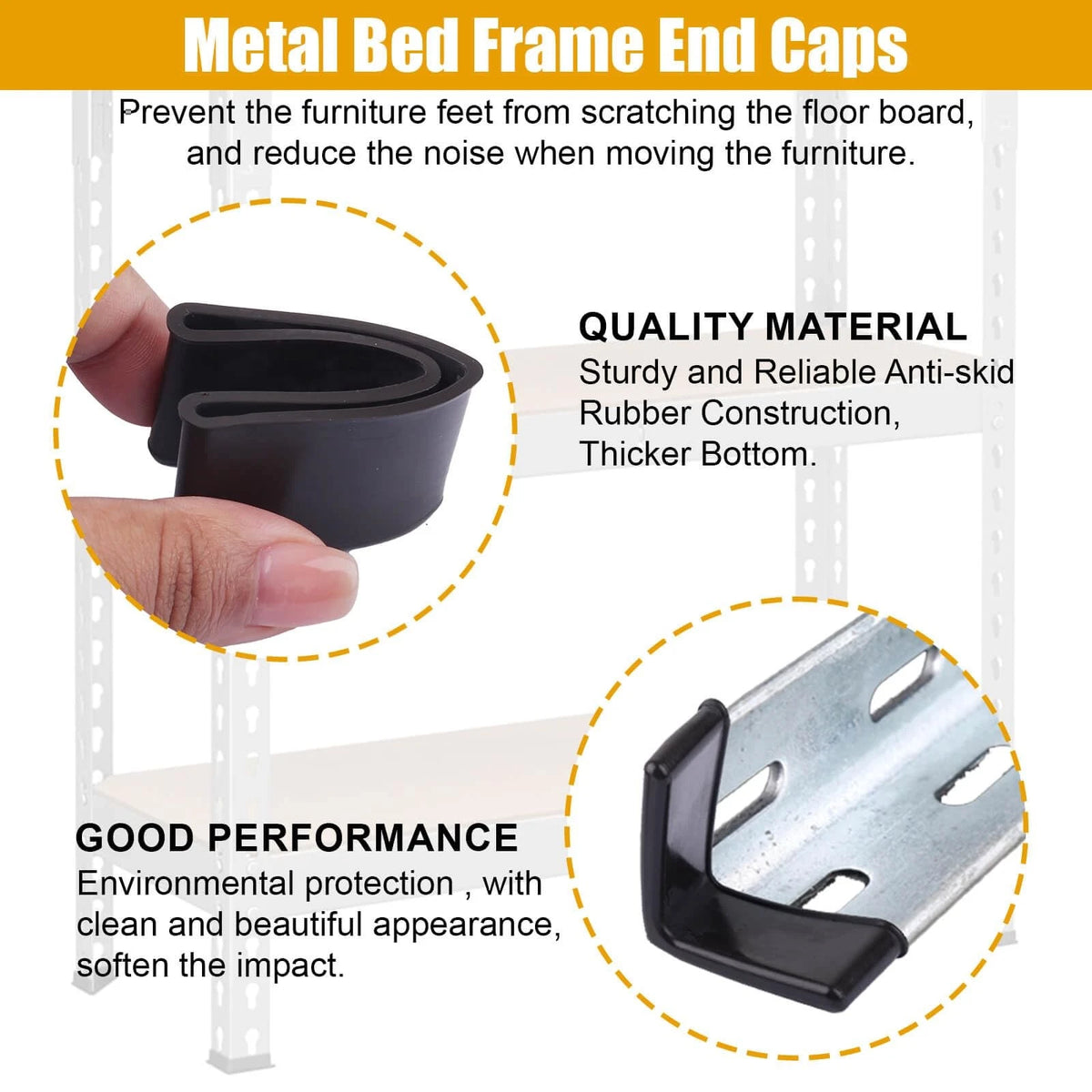 Metal Bed Frame End Caps, L Shape Rubber Caps for 1-1/2" x 1-1/2", Black