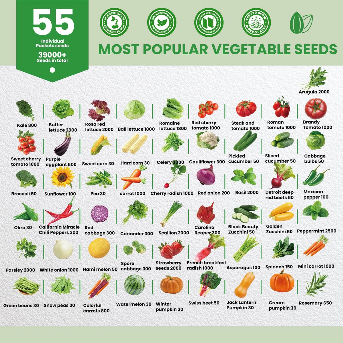55 Vegetable Seeds Variety Pack - 39,000+ 55 PCS Seeds, Green