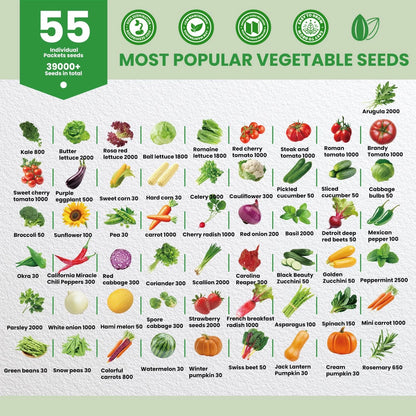 55 Vegetable Seeds Variety Pack - 39,000+ 55 PCS Seeds, Green