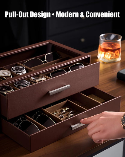 ProCase Mens Jewelry Box Pull-Out Drawer, 6 Slot Watch Case & 5 Espresso