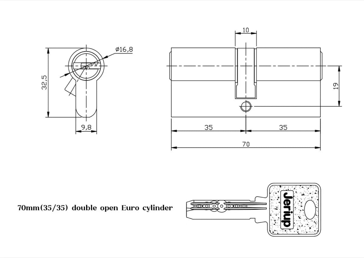Jeriup Locks- Euro Profile Cylinder, 70mm (30/10/30), Satin Nickle