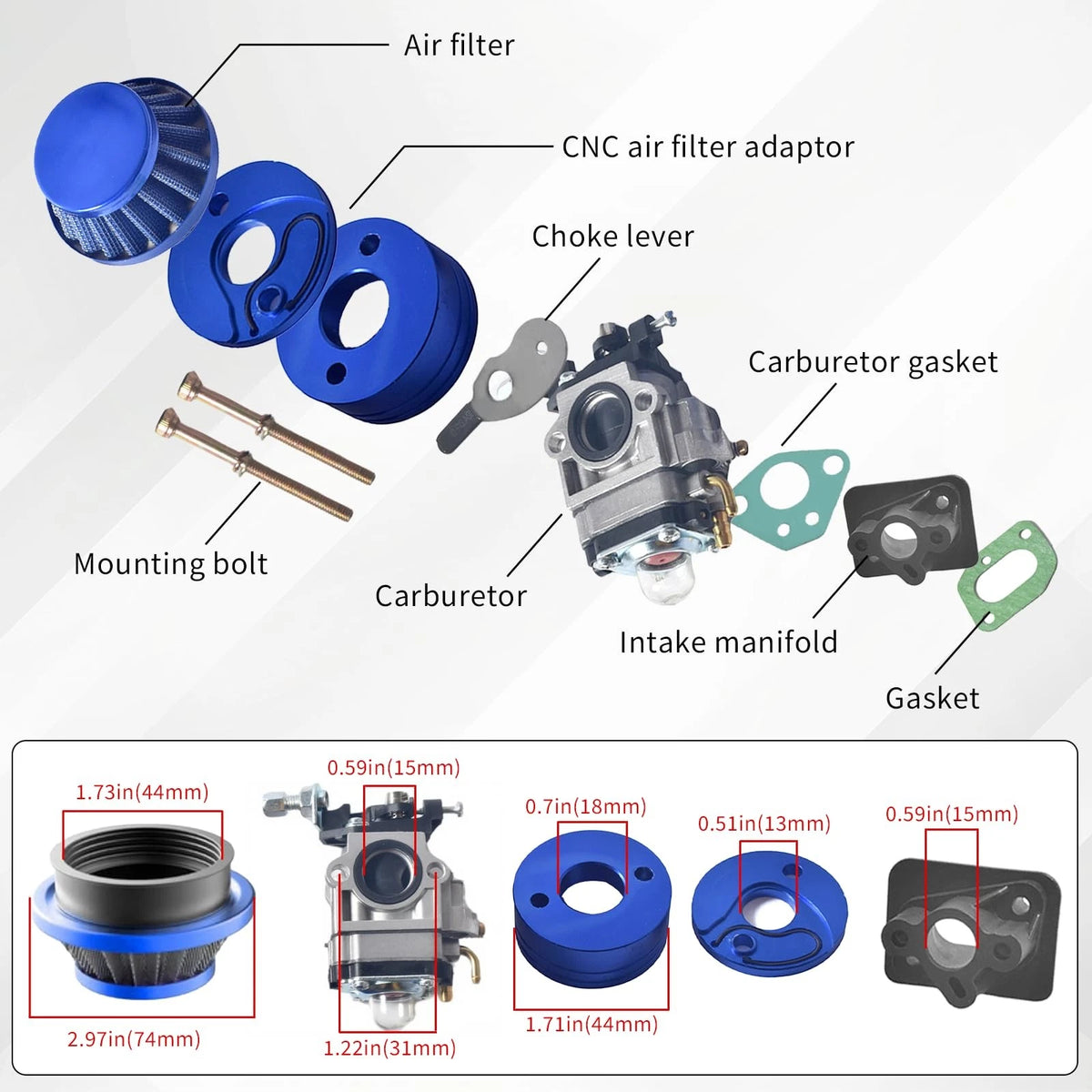 15mm Carburetor Carb Upgrade Kit Air Filter Manifold Inatake Pipe Inlet blue