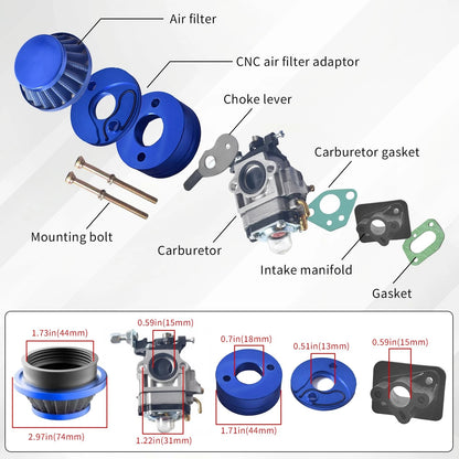 15mm Carburetor Carb Upgrade Kit Air Filter Manifold Inatake Pipe Inlet blue