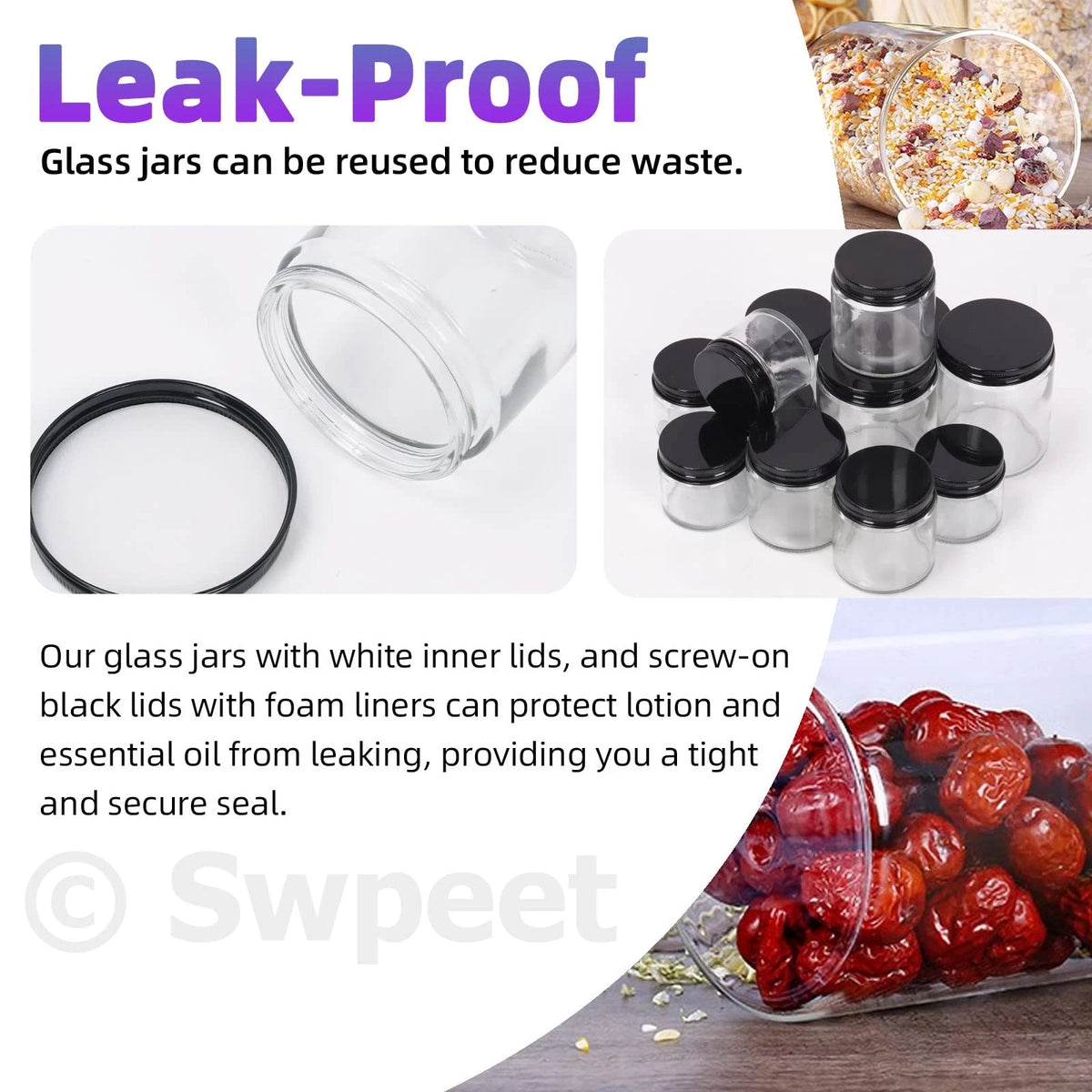 Swpeet 15 Packs 2 oz - 60ML Transparent Glass Jar with Black Lid 60ML,