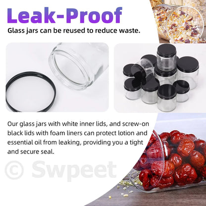 Swpeet 15 Packs 2 oz - 60ML Transparent Glass Jar with Black Lid 60ML,