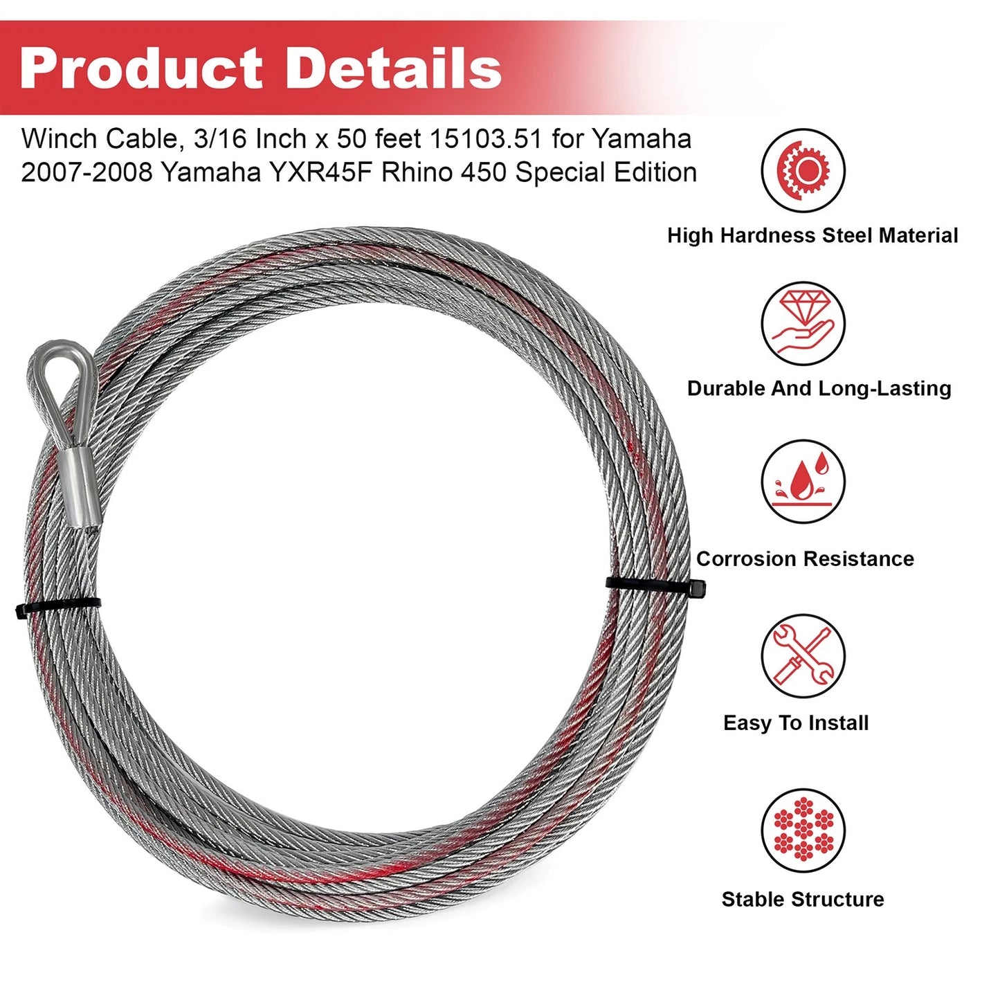 Winch Cable,3/16 Inch x50 feet 15103.51 for Yamaha ATV/UTV YXR45F,YXR66F,YXR700F
