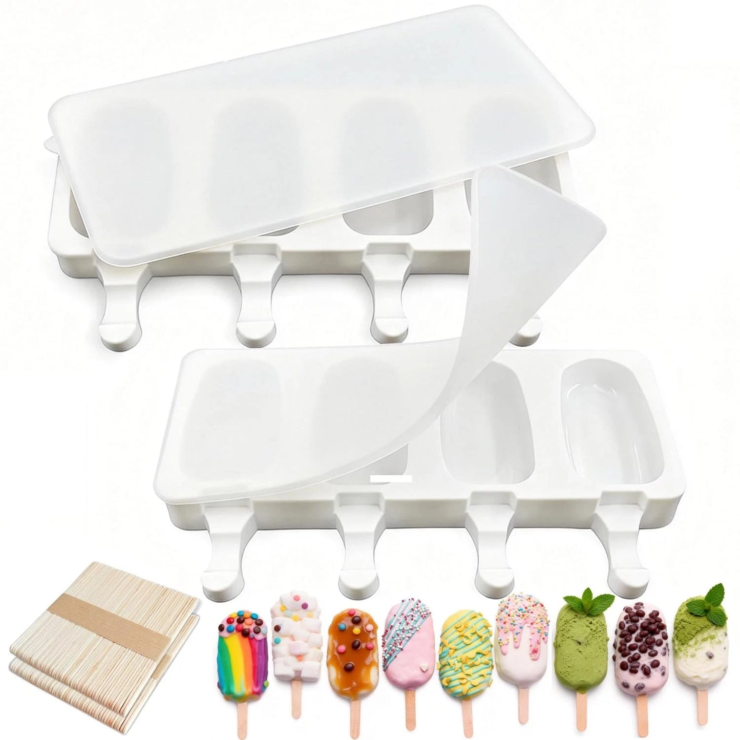 2 Pack Silicone Popsicle Molds，Oval 4 Cavities Homemade Ice Pop Small, White