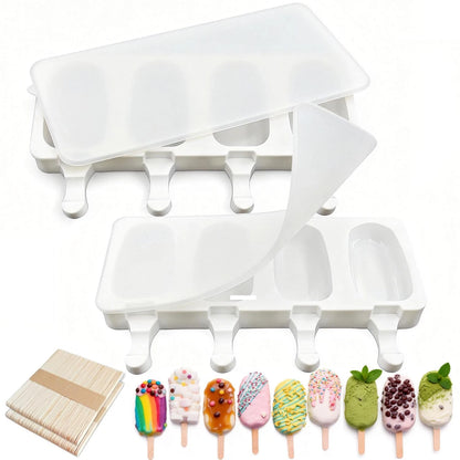 2 Pack Silicone Popsicle Molds，Oval 4 Cavities Homemade Ice Pop Small, White