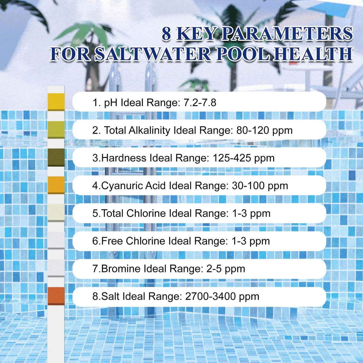 Pool Salt Test Strips Kit, 8 Way 125CT Water for Saltwater