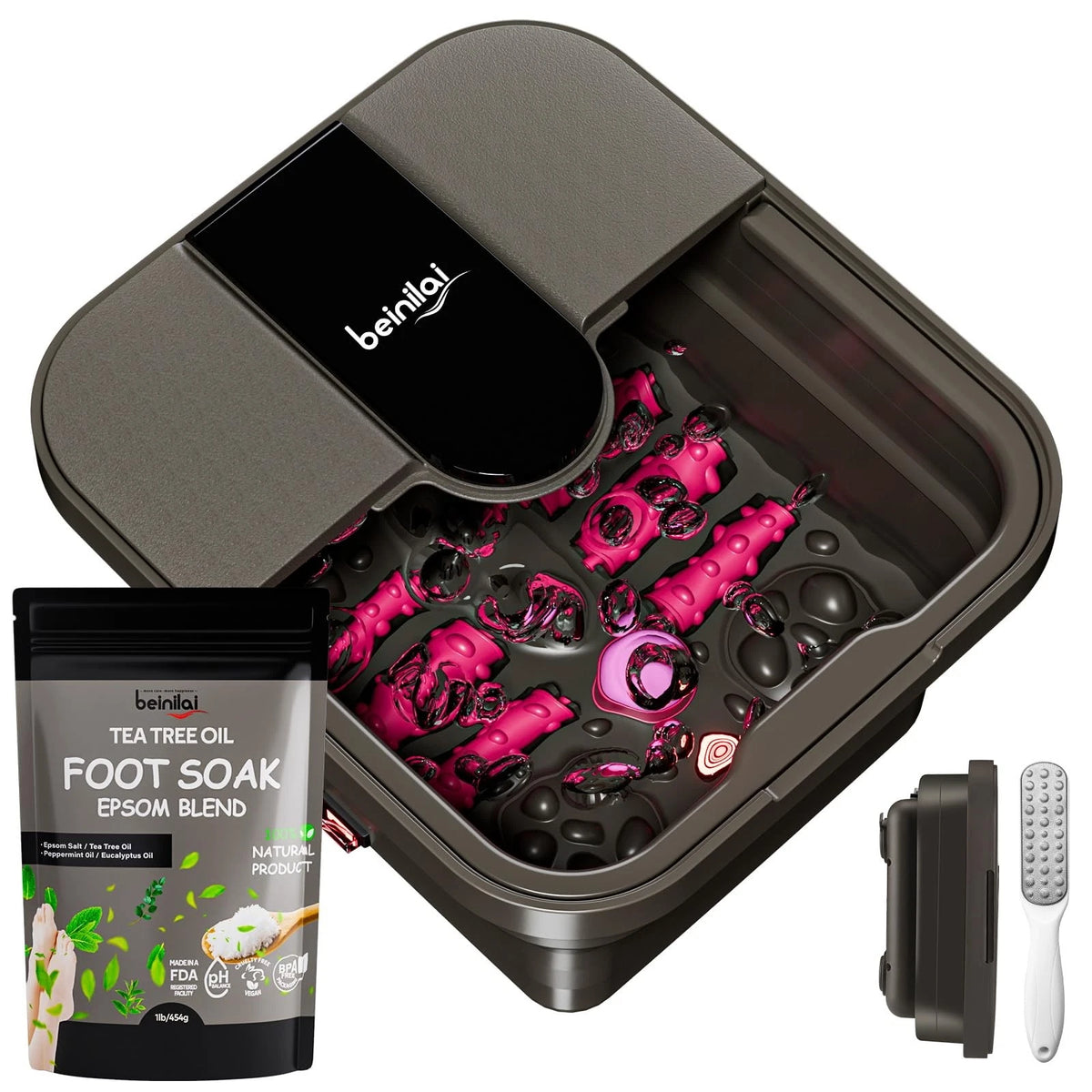 Beinilai Collapsible Foot Spa Bath with Heat,Bubble,Massage Rollers, Tea Pink