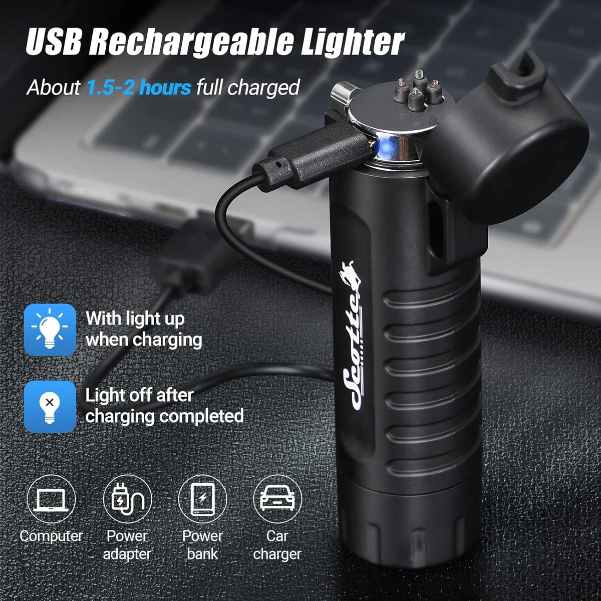 Scotte Plasma Windproof arc Lighter Electric and LED Flashlight Black