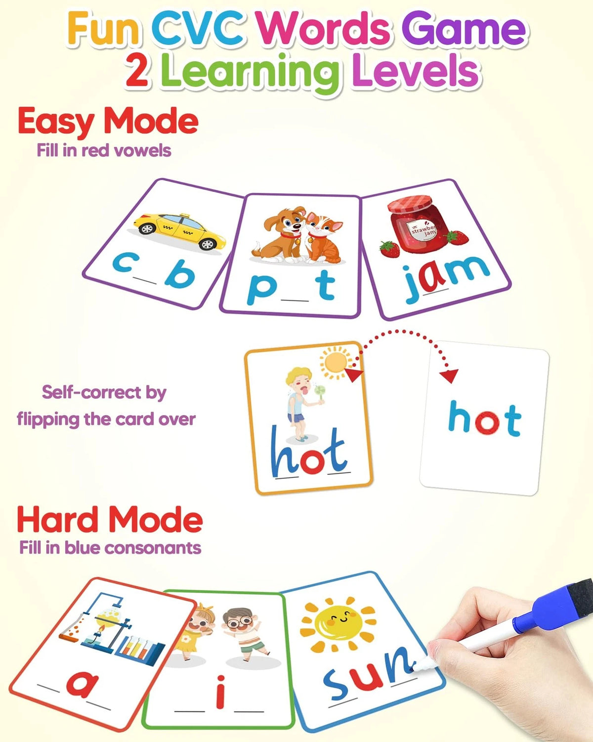 Gojmzo CVC Word Writing & Spelling Flash Cards, Preschool Learning Medium