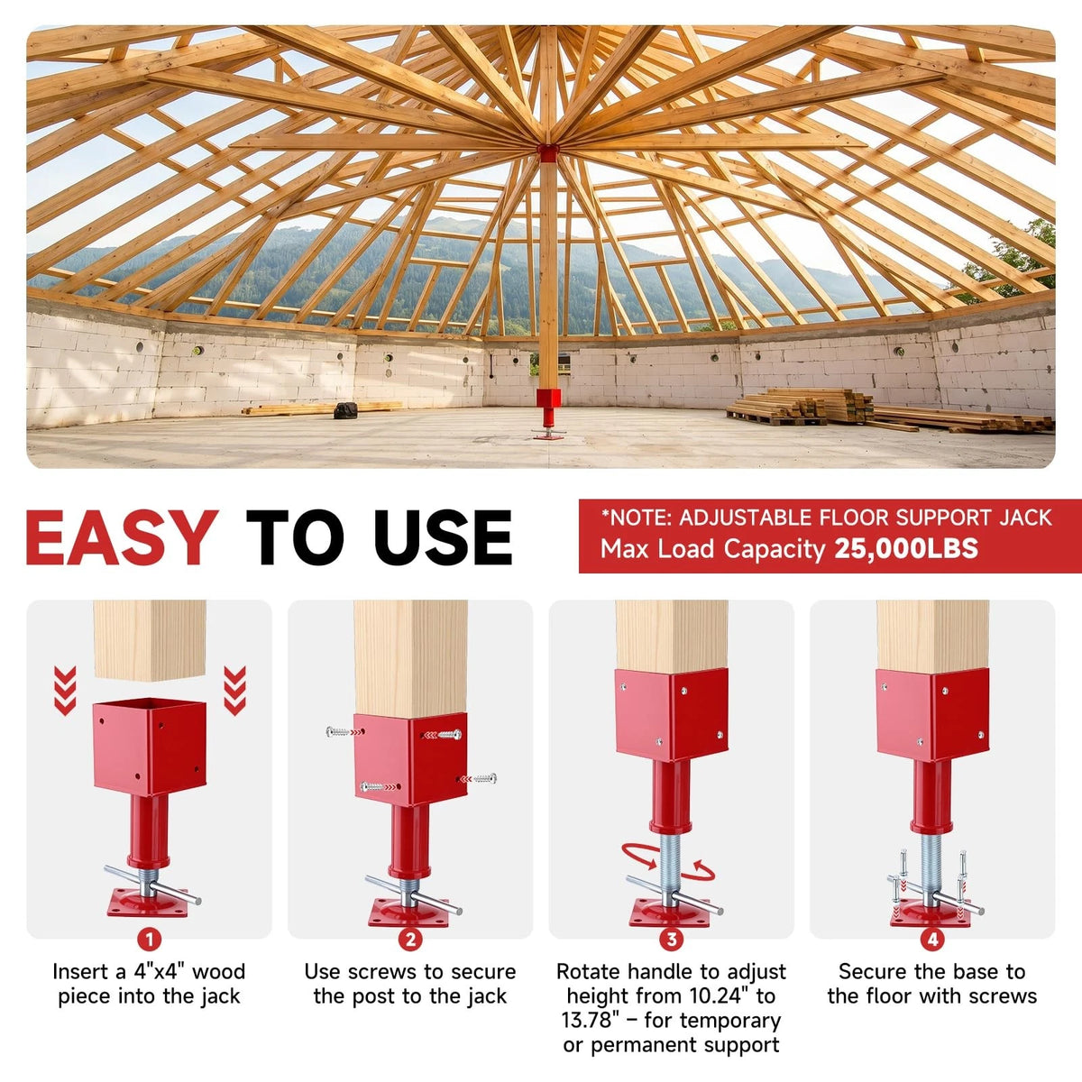 4" x Adjustable Screw Jack Post Floor Support 25000LB Capacity x