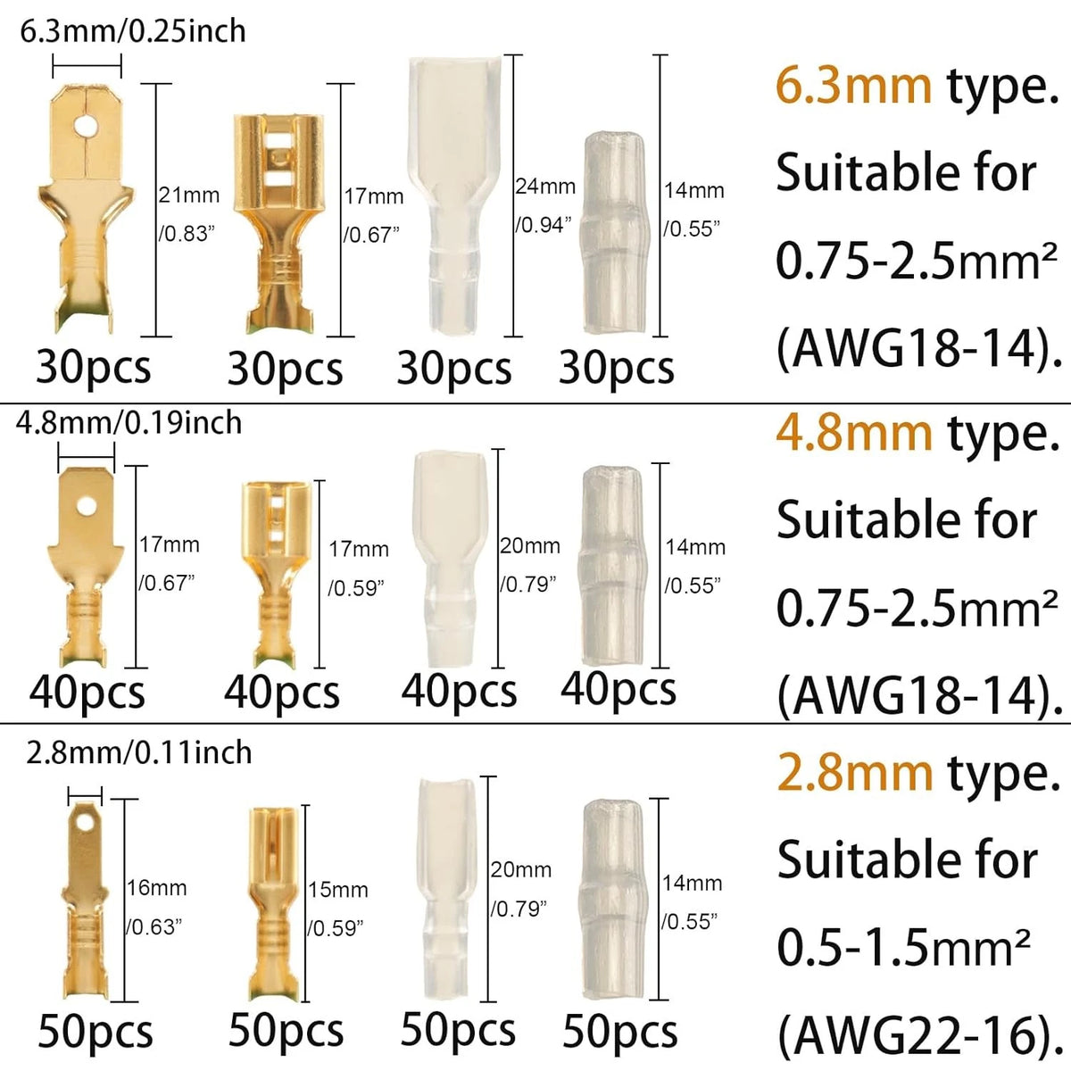 480pcs Male and Female Spade Connectors Kit With Insulating Sleeve - Gold