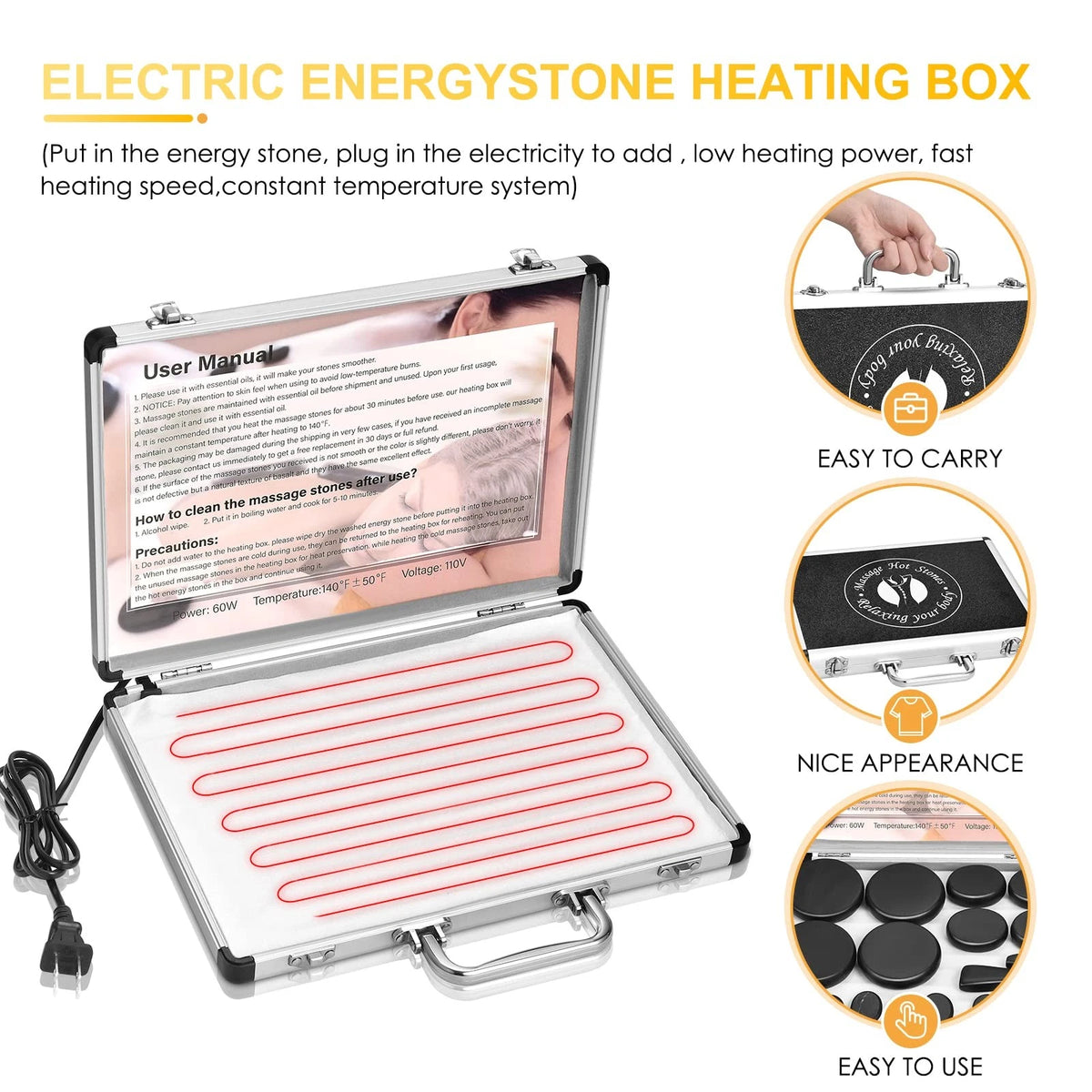 MOUOUSO Hot Stones Massage Set, 18 Pcs with Warmer, 18Pcs, Black