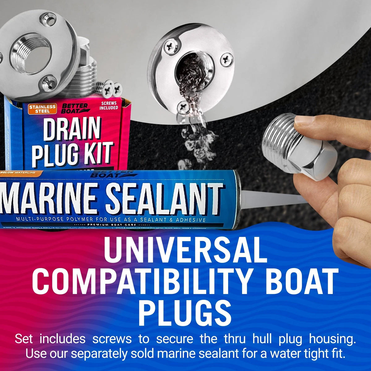 Stainless Steel Boat Drain Plug Kit, 1/2" Threaded Transom Plug, Silver