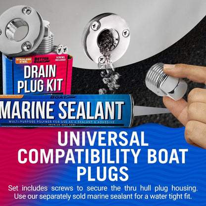 Stainless Steel Boat Drain Plug Kit, 1/2" Threaded Transom Plug, Silver