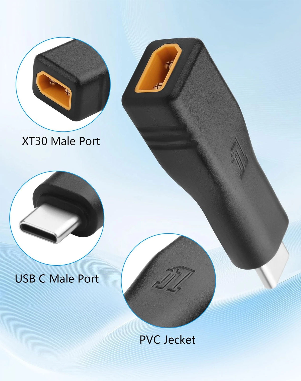 CERRXIAN USB C to XT30 Adapter, Type-C Male Input Output black