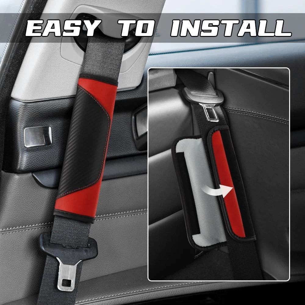 2PCS Car Seat Belt Cover Pad, Soft Carbon Fiber Leather Seatbelt Shoulder Red